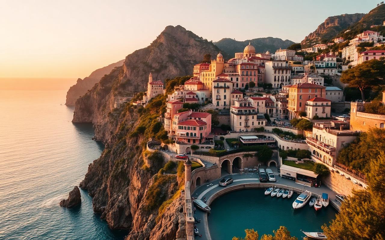 Amalfi Coast cliffside village at dusk above a turquoise harbour