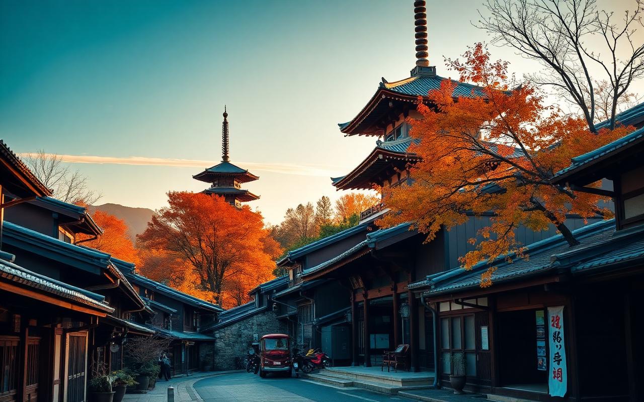 Kyoto lantern-lit street at golden hour with a pagoda above autumn maples