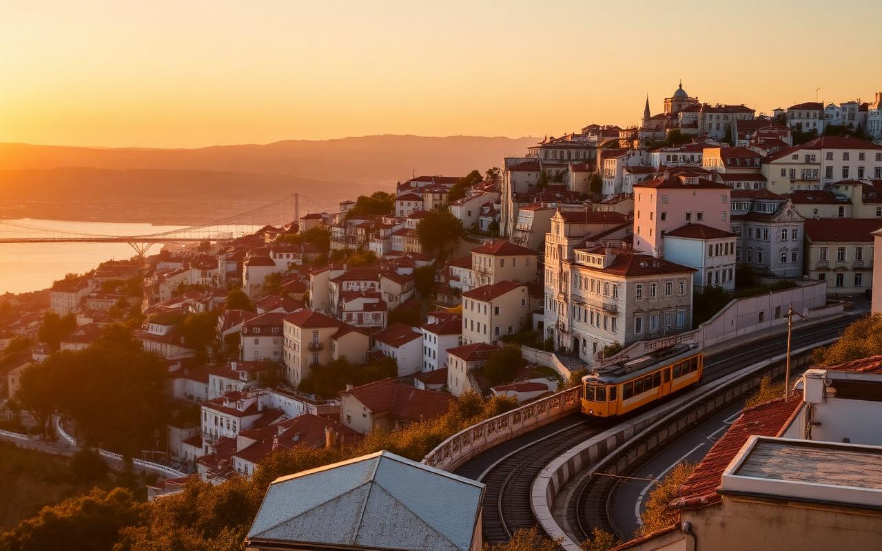 Lisbon hillside at sunset with tiled facades and a yellow tram