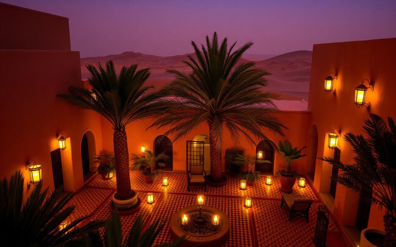 Lantern-lit riad courtyard at dusk with palms and desert dunes beyond