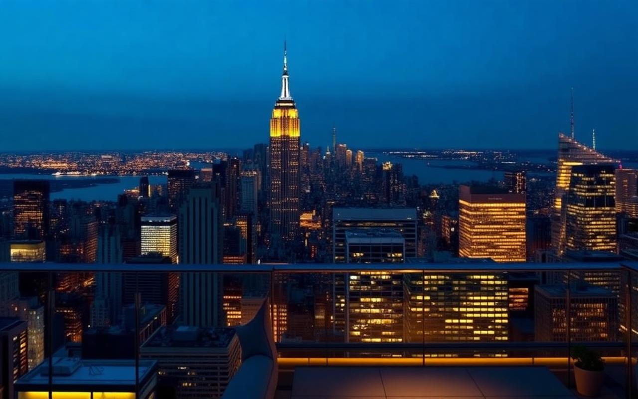 Manhattan skyline at blue hour seen from a rooftop terrace