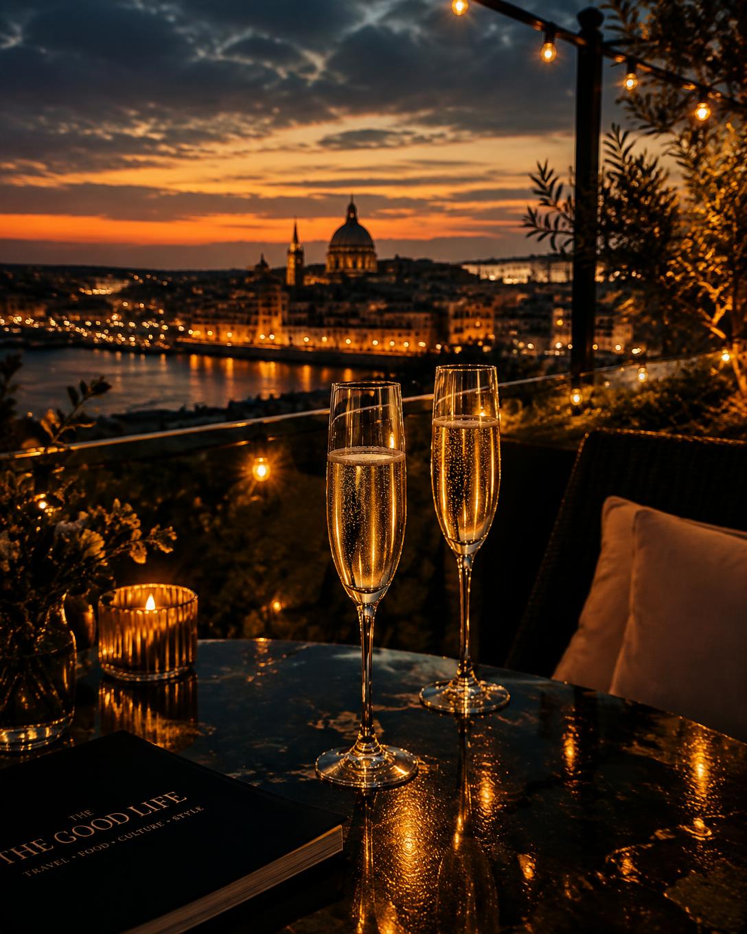 Champagne at dusk on a rooftop overlooking a Mediterranean harbor