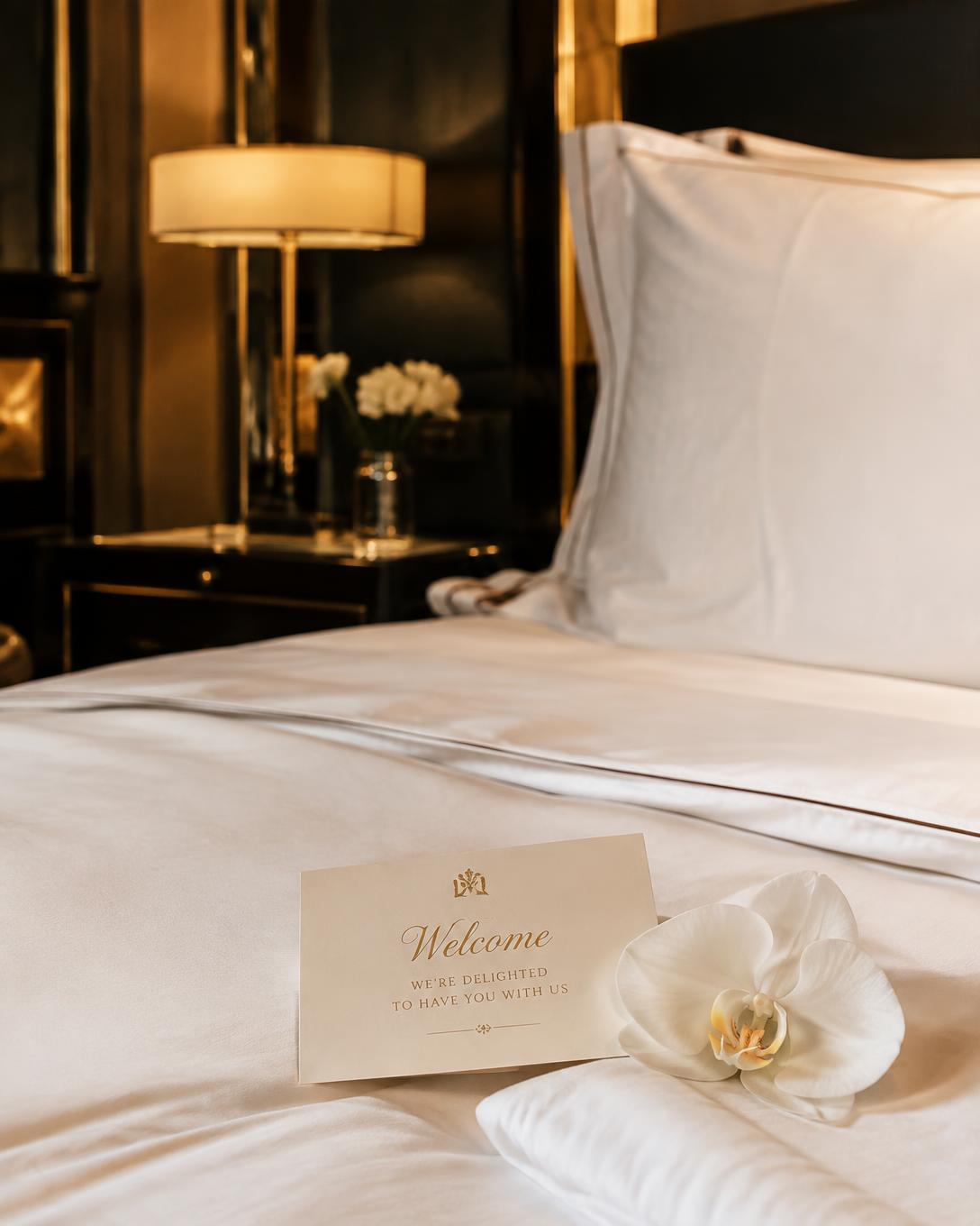 Five-star welcome details — turndown card and orchid on crisp linens